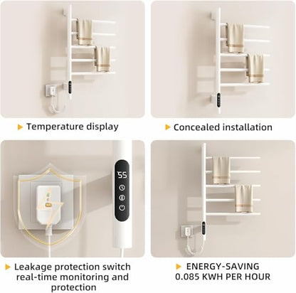 180°Rotation Electric Heated Towel Rack Wall Mounted Towel Warmer Racks 5 Bars Hardwired & Plug-in Hot Towel Rack with 1H-9H Timer for Home Bathroom Salons and Spas (White) - color: White, size: G63