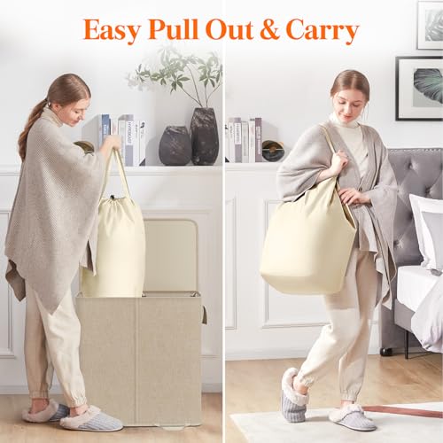 Lifewit Double Laundry Hamper with Lid and Removable Laundry Bags, Large Collapsible 2 Dividers Dirty Clothes Basket with Handles for Bedroom Laundry Room Closet Bathroom College, 136L Beige - color: Beige, size: 136L