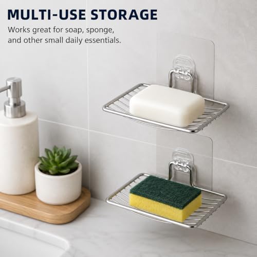Bar Soap Holder for Shower Wall, Adhesive Stainless Steel Dish with Hooks, Rustproof Saver Tray for Bathroom Kitchen Sink, No Drilling Sponge Razor Storage Caddy, Square Drain Rack