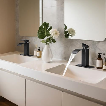 Bathroom Faucets Black Waterfall Single Handle Bathroom Sink Faucet | with Pop-up Drain & Deck,Supply Hoses,Matte Black Single Handle Vanity Faucet,Stainless Steel,1 or 3 Hole,RV,Fits Home - color: A-Matte Black, style: Short