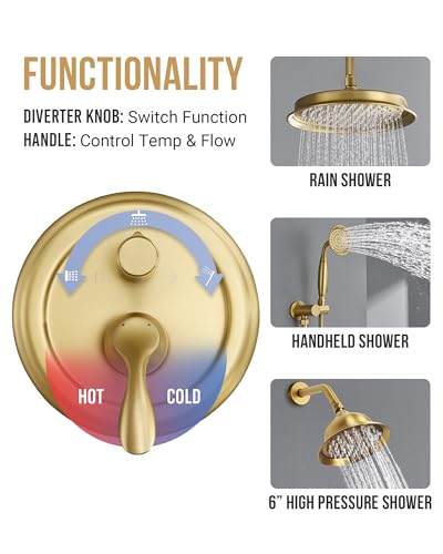 DASAN Antique Dual Shower Head Faucet Set, Brushed Gold Dual Rain Shower Head System Complete Double Head Shower Fixture Combo, 9'' & 6'' Dual Rainfall Overhead Shower with Handheld, Valve & Trim - color: Brushed Gold