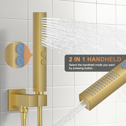 Rain Shower System 12" & 6" Dual Shower Heads Ceiling Shower Faucet Set | Ideal for bathroom remodels and upgrades with 12" rain shower, 6" angled shower, handheld spray and complete valve kit. - color: Brushed Gold, size: Ceiling Mounted - 12"+6" Shower