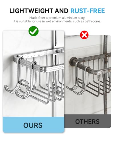 Adjustable Shower Caddy Hanging - Never Rust Shower Organizer Hanging, Aluminum Shower Racks for Inside Shower - Bathroom Organizers and Storage with 2 Soap Holders and 2 Removable Hooks, Silver