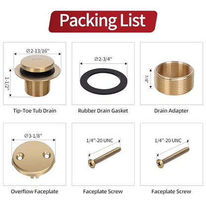 PRIMSOPH Tip-Toe Tub Drain Trim Kit with Two Hole Overflow Faceplate Conversion Kit Assembly Universal Fine Coarse Thread Replacement Brushed Gold - color: Brushed Gold, style: Two Hole