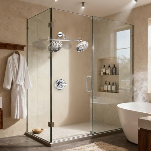 Proox Double Shower Head with Built-in Valve, High Pressure 6 Setting Dual Shower Head Design for Couple on Walk-in Bathroom or Single on Bathtub Bathroom - Brushed Nickel - color: Brushed Nickel