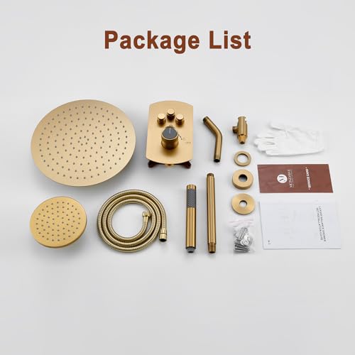 MONDAWE 12 Inch Ceiling Mounted Brushed Gold Shower System, 3-Functions Shower Faucet Set with Rainfall Dual Shower Head and High Pressure Handheld Spray, All Function Can be Used At the Same Time - color: Brushed Gold