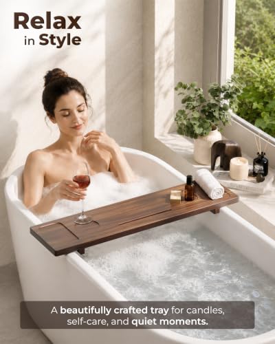 Acacia Wood Bathtub Caddy Tray 34.6" Adjustable Bath Tray for Tub | Bathtub Tray With Non-Slip Grip, Water-Resistant Wood & Stable Expandable Design Keeps Bath Essentials Secure & Within Reach - color: Walnut