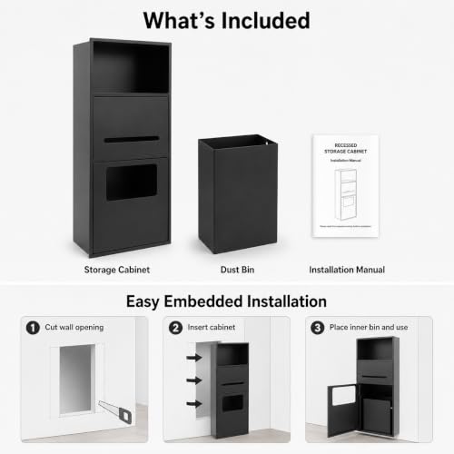 Recessed Toilet Paper Holder, Stainless Steel Shower Nich, Waterproof Bathroom Niche, Built-in Hidden Trash Can Tilt Out Trash Bin Cabinet for Kitchen Living Room Bedroom Hotel Residential (Black) - color: Black