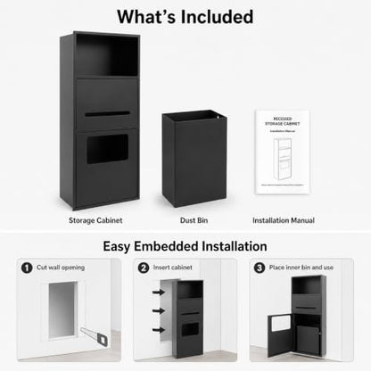 Recessed Toilet Paper Holder, Stainless Steel Shower Nich, Waterproof Bathroom Niche, Built-in Hidden Trash Can Tilt Out Trash Bin Cabinet for Kitchen Living Room Bedroom Hotel Residential (Black) - color: Black