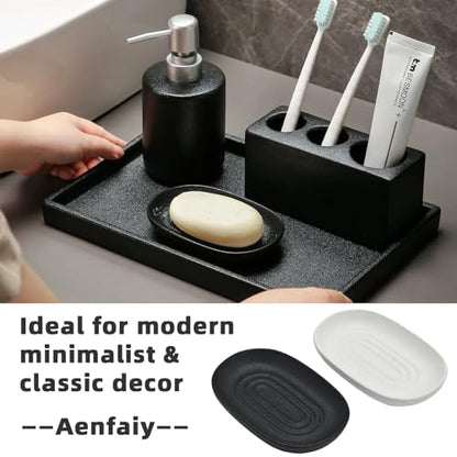 Ceramic Soap Dish for Bathroom & Kitchen Sink- Black Matte Textured Finish Bar Soap Holder for Shower - Easy to Clean Small Simple Oval Soap Dishes Holders for Bar Soaps, Sponges, Jewelry - color: Black- Textured Matte