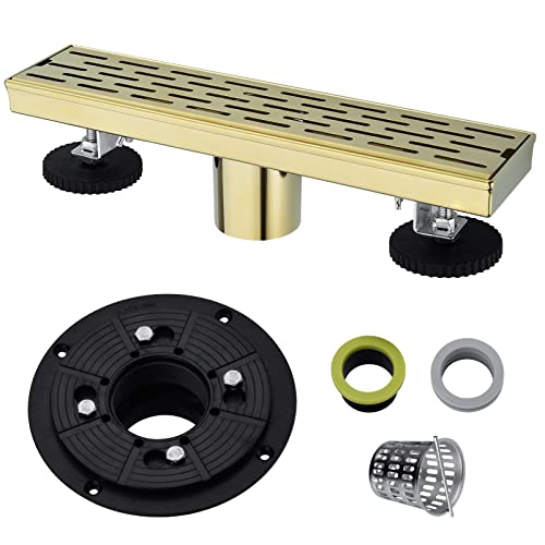 12 Inch Square Linear Shower Drain Brushed Gold Bathroom Floor Drain 304 Stainless Steel with Hair Catcher Strainer Removable Grate Cover ﻿