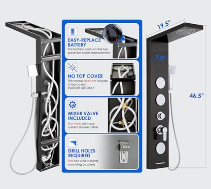 ROVOGO Shower Panel Tower System with Led Lights, 5 Shower Modes, 46.5 Inch | Rainfall Mist Shower Head, 3 Body Jets, Handheld, Waterfall Tub Spout, Stainless Steel Shower Column with Mixing Valve, Black - style: 46.5" Black