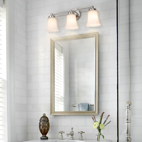 XiNBEi Lighting 3 Light Vanity Light Brushed Nickel Bathroom Light Fixtures | 22" Modern Bathroom Wall Light Over Mirror, Wall Mount Bathroom Vanity Light Fixture, Bath Bar Light, White Glass - color: Brushed Nickel, size: 21.6"