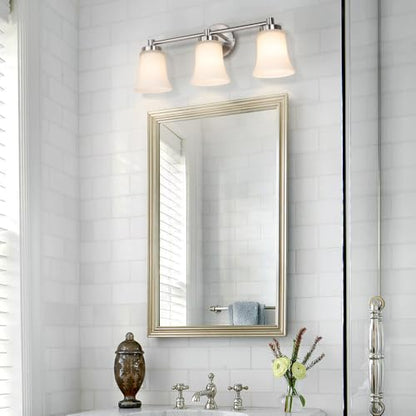 XiNBEi Lighting 3 Light Vanity Light Brushed Nickel Bathroom Light Fixtures | 22" Modern Bathroom Wall Light Over Mirror, Wall Mount Bathroom Vanity Light Fixture, Bath Bar Light, White Glass - color: Brushed Nickel, size: 21.6"