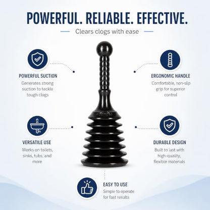 Master Plunger MPS4 Sink & Drain Plunger for Kitchen Sinks, Bathroom Sinks, Showers, and Bathtubs. Small and Strong Design with Large Bellows Commercial & Residential Use, Black
