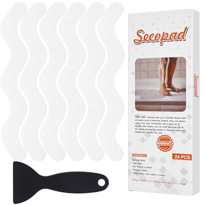 Secopad 24PCS Anti-Slip Shower Stickers with Scraper, 0.8"*8", White | Patented, Non Slip, Easy to Use and Clean,Strong Adhesive & No Residue, For Bath Tub, Shower Floor, Stairs, Safe PEVA Decals - color: White