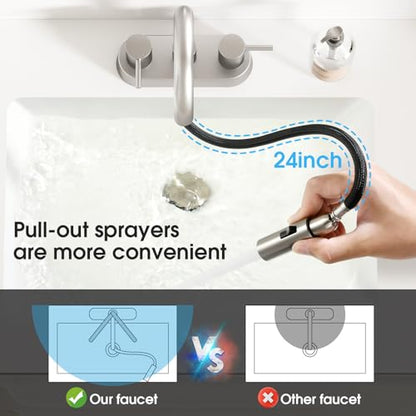 Stainless Steel Brushed Nickel Bathroom Faucet with Pull Out Sprayer, Dual-Function Spout Bathroom Sink Faucets, 4 Inch Two Handle Utility Sink Faucet with Sprayer 3 Hole, Pet Shower, RVs - color: Brushed Nickel