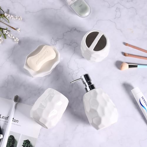 Ceramic Bathroom Accessories Set 4 PCS,Include 16 oz Soap Dispenser,Toothbrush Holder,Tumbler,Soap Dish,Textured Bathroom Counter Set (White) - color: White Ceramic 4 Pcs