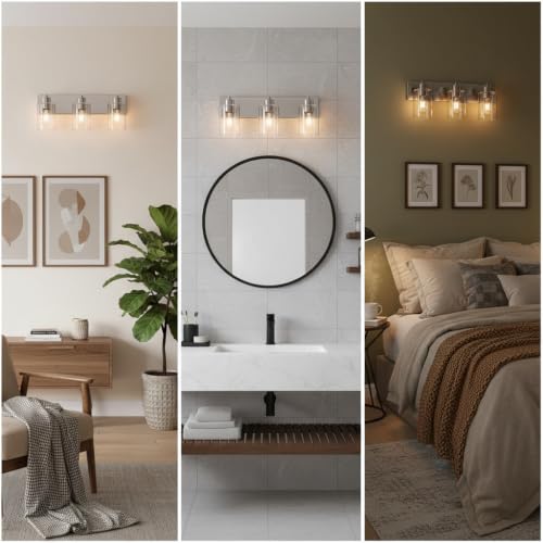 3-Light Bathroom Vanity Light Fixtures,Modern Wall Sconces,Bathroom Lights Over Mirror,Wall Mounted Lamp for Kitchen Living Room Bedroom Hallway,Brushed Nickel Finish with Clear Glass Shade | Brushed Nickel Metal Frame,Up/Down Wall Mount,cylinder Glass Sh