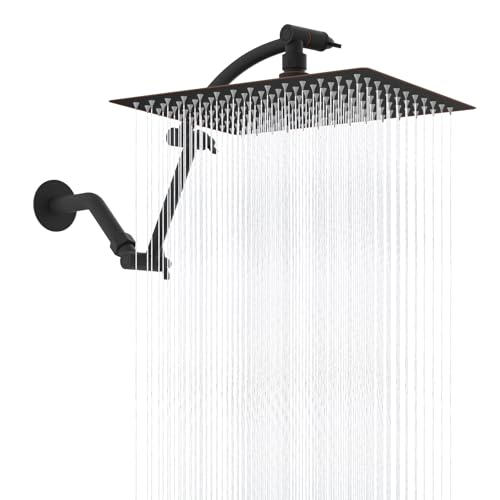 Hibbent 12'' Rain Shower Head with 16'' Extension Arm, Oil Rubbed Bronze | cUPC Certified High Pressure Rainfall Showerhead with Solid Brass Adjustable Shower Head Extension Arm, Fixed Showerheads - color: Oil Rubbed Bronze, style: Square 12''