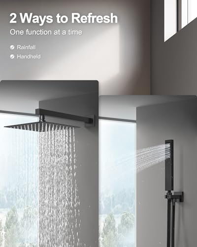 10" Shower System, Wall Mount Shower Faucet Set, Matte Black | Pressure-Balance Rough-In Valve Included, High Flow Square Rainhead, Stainless Steel Fixture for Bath Remodels - color: Matte Black