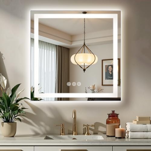 36x36 LED Bathroom Mirror with Anti-Fog, Backlit & Front Lit, Memory | Stepless Dimmable 3 Color CRI 95+ Shatterproof Tempered Glass ETL Listed for Safety Lighted Bathroom Vanity Mirror for Wall - size: 36"L x 36"W