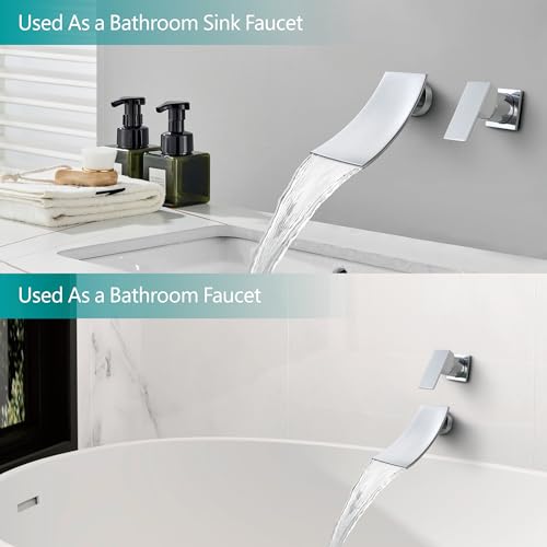 SKOWLL Wall Mount Faucet Bathroom, Wide Waterfall Spout, Single Handle Waterfall Tub Faucet High Flow Vessel Sink Faucets, Include Rough-in Valve, Polished Chrome - color: Polished Chrome