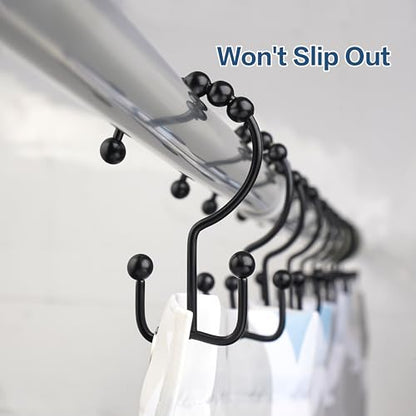 DAWNER Shower Curtain Hooks Rings, Rust Proof Hooks, Metal Easy Glide Double Shower Rings Hooks, Stainless Steel Shower Curtain Hangers for Bathroom Shower Curtains, Set of 12 Hooks, Matte Black - color: Matte Black