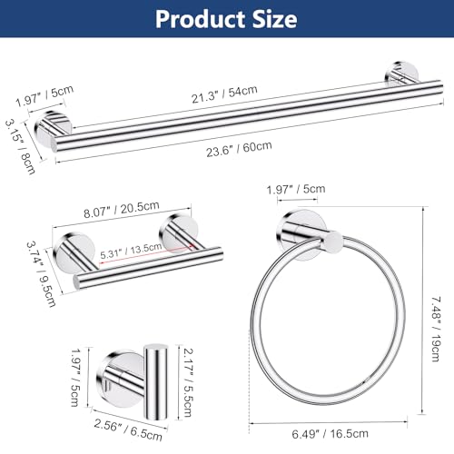 TQKAG 5 Piece Towel Racks for Bathroom, 23.6" Bathroom Hardware Set Chrome | Bathroom Hardware Set, SUS304 Stainless Steel, Double Post Pivoting, Towel Hooks, Toilet Paper Holder Set Wall Mounted - color: Polished Chrome, size: 5-Pieces Set-B