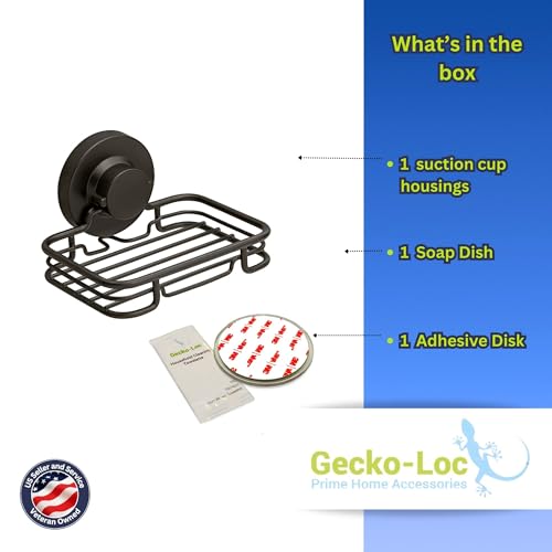 Gecko-Loc Soap Dish Suction mounting Bath soap bar Holder for Bathroom, Metal Bath Shower Bathtub wall Tile or Kitchen Sink soap or Sponge Dishes - Black - color: Black