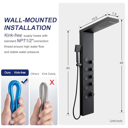 ROVATE 4-in-1 Rainfall Waterfall Shower Panel Tower System, Matte Black | Shower Column with Body Massage Jets and Handheld, Stainless Steel High Pressure, Use Multiple Functions Simultaneously - color: Matte Black
