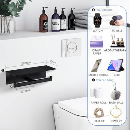 LANC Double Toilet Paper Holder with Shelf, Matte Black Commercial Toilet Tissue Roll Dispenser with Phone Shelf Stainless Steel for Bathroom, Kitchen, Apartments Wall Mounted, A8877MB - color: Matte Black, size: Full