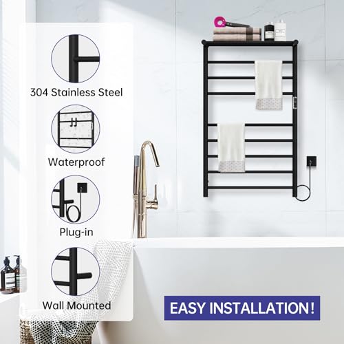 Heated Towel Racks for Bathroom, 11Bar Electric Towel Warmer Rack with Shelf & 2 Hooks, Wall-Mounted Time Setting and Temperature Control Heated Drying Rack for Home, Salon, Spa (Black - color: Black