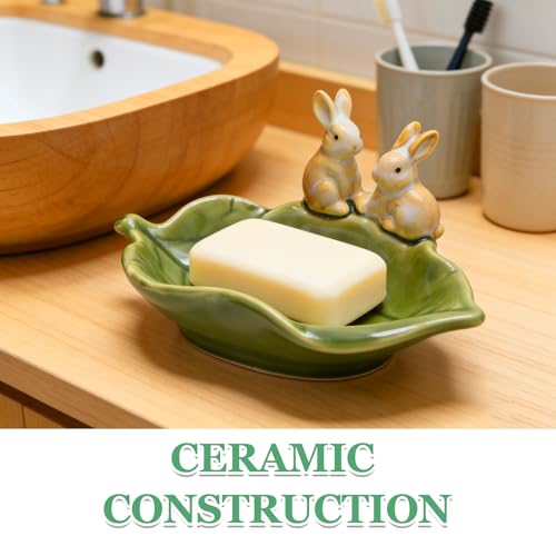 VIKKSAER Cute Ceramic Rabbit Soap Dish, Decorative Bunny Holder for Sponges & Jewelry, Green – Ideal for Bathroom, Kitchen, or Countertop Organization