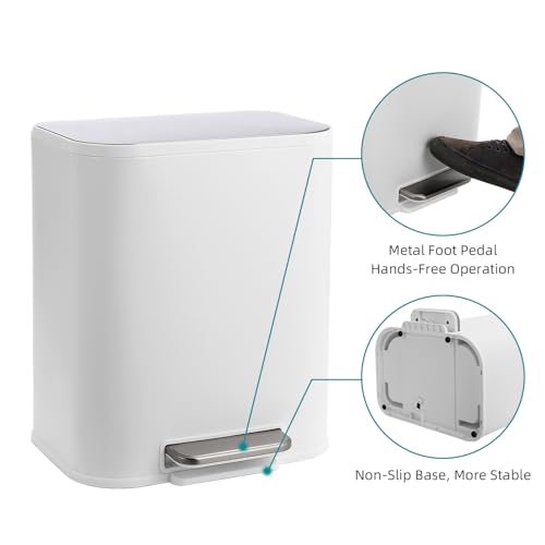 GarveeHome Kitchen Trash Can, 5.3 Gal Stainless Steel Garbage Can, White | Soft Close Lid, Foot Pedal & Removable Inner Bucket, Rectangular Step On Waste Bin for Office Bedroom - color: White, size: 20 L