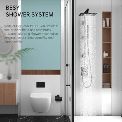 BESy All Metal 10 Inch Square Rainfall Shower Head with 2 In 1 Handheld Spray Combo Shower Sytem Shower Faucet Fixturer Showerhead Rain Set Hand Held Sprayer with Adjustable Slide Bar Brass Black