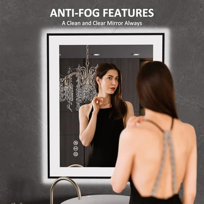 LOAAO 24"X30" LED Bathroom Mirror Black Framed | Anti-Fog, Dimmable, Memory Function, Tempered Glass, Lighted Vanity Mirror for Wall - size: 24"L x 30"W
