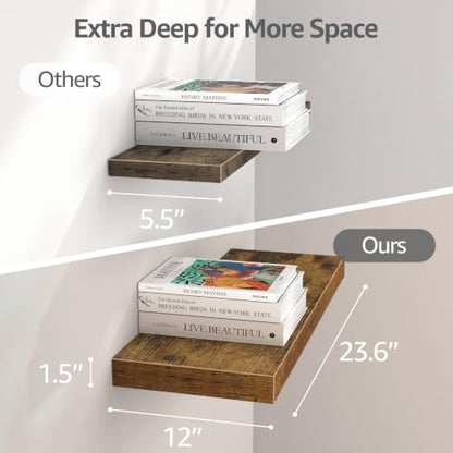 QEEIG 12" Deep Floating Shelves for Wall - 12 x 24 inch Book Shelf Bathroom Bedroom Kitchen Living Room Hanging Bookshelf Farmhouse Set of 3, Brown (026-60BN3) - color: A. Brown, size: 23.6" x 12"