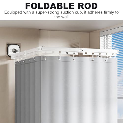 Wall Mounted Folding Shower Curtain, Punch-Free Suction Cups Folding Shower Curtain Rod, Adjustable Heavy Duty Shower Rod with Curtains for Bathroom Bathtub(Gray,4-Folds (Curtain 1.8m x 2m)) - color: Gray, size: 4-Folds (Curtain 1.8m x 2m)