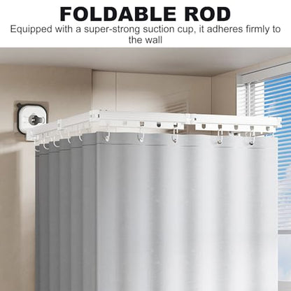 Wall Mounted Folding Shower Curtain, Punch-Free Suction Cups Folding Shower Curtain Rod, Adjustable Heavy Duty Shower Rod with Curtains for Bathroom Bathtub(Gray,4-Folds (Curtain 1.5m x 2m)) - color: Gray, size: 4-Folds (Curtain 1.5m x 2m)