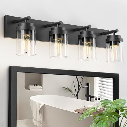 IZORRO Bathroom Vanity Light Fixture, 4-Light 30 Inch Matte Black Bathroom Light Fixtures Over Mirror, with Clear Glass Shade, Modern Farmhouse Vanity Lights, Rustic Restroom Lighting Fixtures - color: Black-Clear Glass Shade, size: 30 inch-4-Light