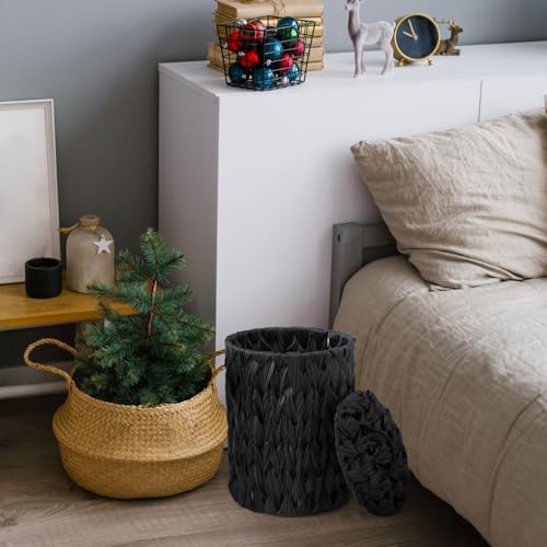 Ctosree 1.3 Gal Boho Woven Trash Can with Lid, Black | Braided polypropylene waste basket with handle and 100 garbage bags for bathroom, bedroom, office, or laundry. - color: Black, style: Braided Polypropylene