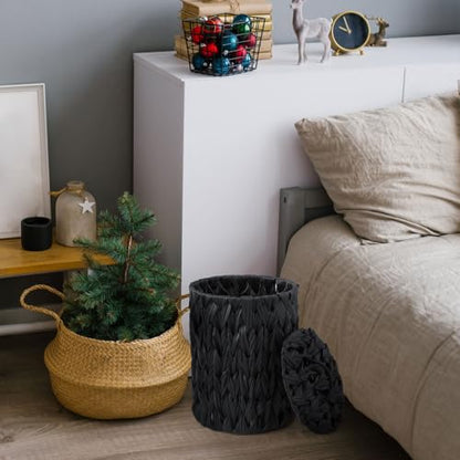 Ctosree 1.3 Gal Boho Woven Trash Can with Lid, Black | Braided polypropylene waste basket with handle and 100 garbage bags for bathroom, bedroom, office, or laundry. - color: Black, style: Braided Polypropylene