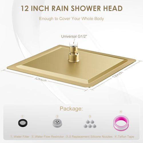 12 inch Brushed Gold Rain Shower Head - All Metal 304 Stainless Steel, Full Body Waterfall Shower with 144 Silicone Nozzles - Square Showerheads Ceiling or Wall Mount Modern Bathroom - color: Brushed Gold, size: 12 Inch Square