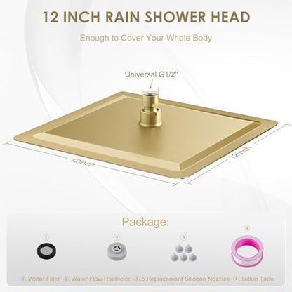 12 inch Brushed Gold Rain Shower Head - All Metal 304 Stainless Steel, Full Body Waterfall Shower with 144 Silicone Nozzles - Square Showerheads Ceiling or Wall Mount Modern Bathroom - color: Brushed Gold, size: 12 Inch Square