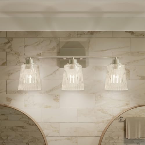 Globe Electric 4-Piece All-in-One Bathroom Set, Chrome Finish, 3-Light Vanity Light with Clear Ribbed Glass Shades, Towel Bar, Toilet Paper Holder, Towel Ring - color: Silver