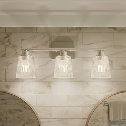 Globe Electric 4-Piece All-in-One Bathroom Set, Chrome Finish, 3-Light Vanity Light with Clear Ribbed Glass Shades, Towel Bar, Toilet Paper Holder, Towel Ring - color: Silver