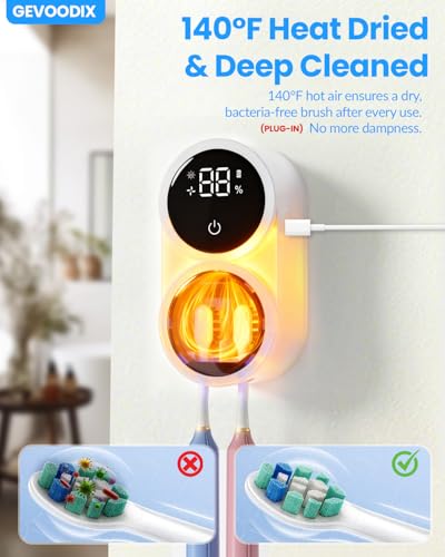 Toothbrush Sanitizer Holder, GEVOODIX Tooth Brush Holder for Bathroom, Wall-Mounted Toothbrush Holders Organizer Auto-Inductive Cover, 140℉ Air Drying Fits Most Electric, Manual and Kids’ Toothbrushes