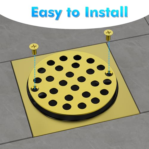 EXF 4 Inch Screw in Round Shower Floor Drain Cover, Stainless Steel Replacement Shower Drain Strainer Hair Catcher Brushed Gold - color: Gold-round