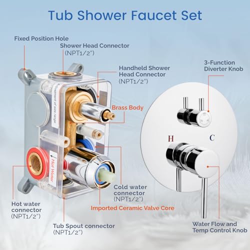Airuida 3-Function Shower System with Tub Spout – Round Rainfall Shower Faucet Combo,Handheld Spray with 2 Functions,Includes Rough-In Valve with 360° Rotating Drain,10 Inch Shower Head,Chrome Polish - color: Chrome Polish, size: 10 Inch